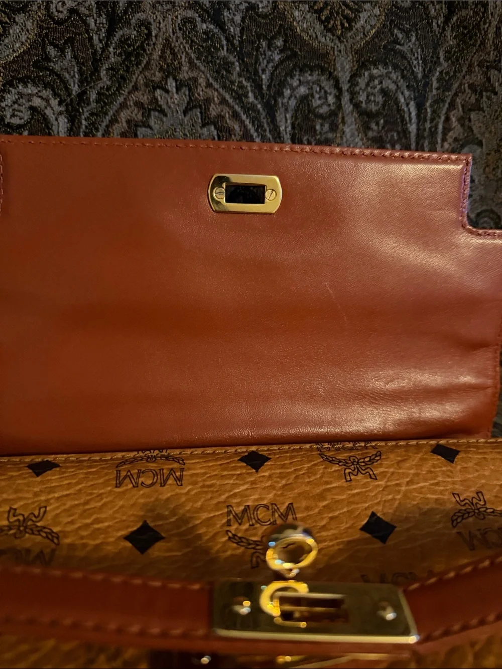 MCM Cognac Logo Visetos Top Handle Satchel with Gold Hardware